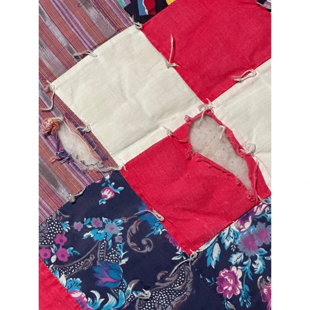Vintage Hand Tied Patchwork Cutter Quilt Red Multicolor 75x67 Farmhouse